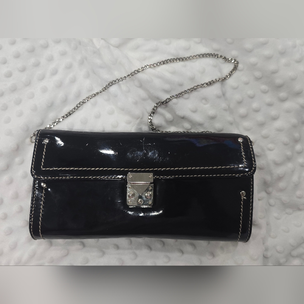 Chinese Laundry Black Patent Clutch with Silver Chain